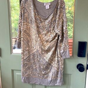 Soft surrounding silver gray sequined tunic top or dress. Petite large PL